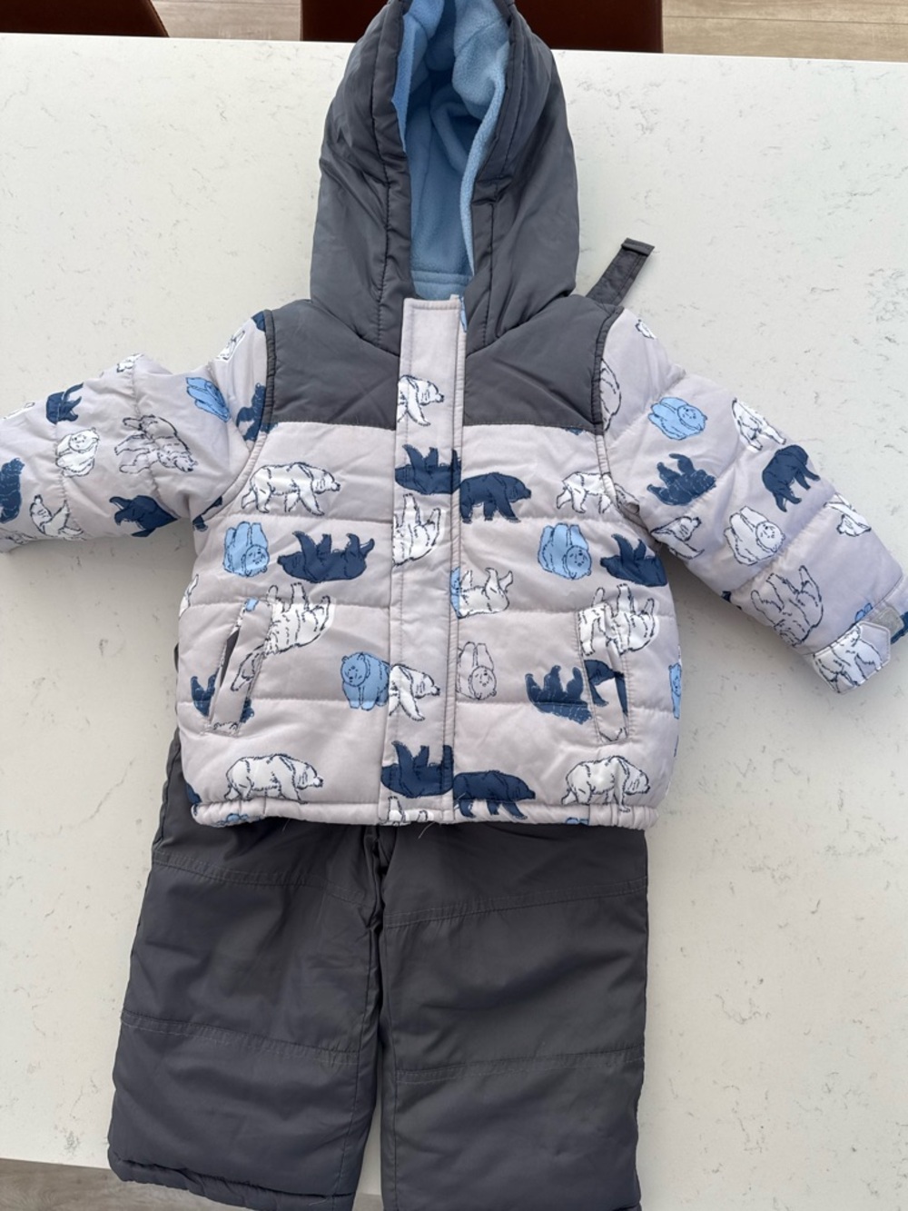 Toddler Polar Bear Puffer Snowsuit Set - Gray & Light Blue